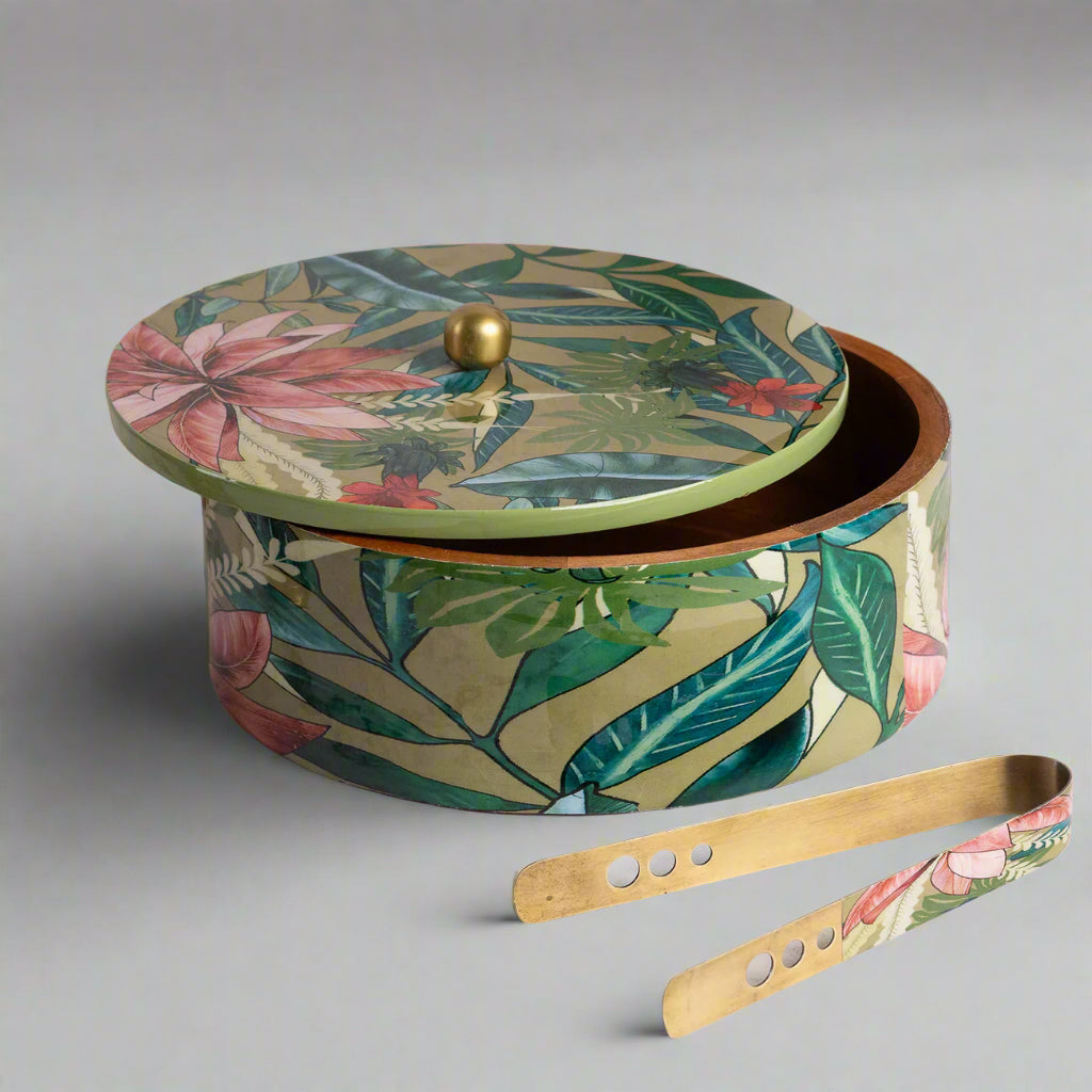 wooden with green epoxy print chapati box/casserole/wooden box with tong